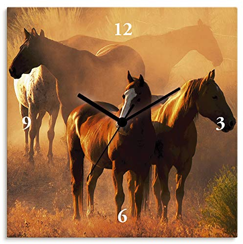 ARTLAND Wanduhr ohne Tickgeräusche Alu Funkuhr 30x30 cm Quadratisch Lautlos Pferd Tiere Natur Herde Pferde Mädchen S8SQ