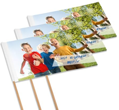 Personalisierte Handflaggen, Papierfähnchen – 50 Stück, ca. 250 x 120 mm | Papierfähnchen und Werbefähnchen mit eigenen Bildern, Texten oder Logos selbst gestalten