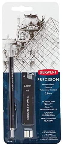 Derwent 0.5 mm Precision Mechanical Pencil, HB Leads and Erasers Included, Professional Quality, 2302428, Black