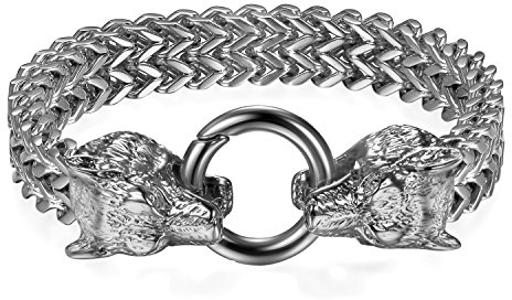 Flongo Herren Armband, Groß Edelstahl Armband Armreif Cuban Curb Gliederkette Francokette Armkette Wolf Kopf Fahrradkette Motorradkette Silber Biker Männer Accessoires Herrenschmuck