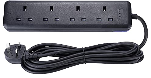 LIPWEL Extension Lead 5m Long Extension Cable 4 Way Power Strip Fireproof Power Socket Black Extension Cord 3250W Muti Plug for Home, Office&Garden