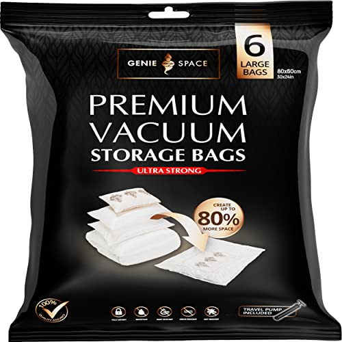 GENIE SPACE - Unglaublich starke, platzsparende Premium-Vakuumtaschen zur Aufbewahrung | 6 x GRÖSSE (80x60cm) | Luftdicht & wiederverwendbar | Erstellen Sie 80% mehr Platz | Für Kleidung usw.