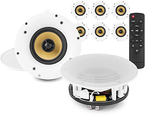 Amplified WiFi Bluetooth Ceiling Speakers Set, Multi Room Smart Home Sound System, 8x 5.25 Wireless Speakers, App Control, Alexa Compatible, Low Profile WiFi Ceiling Speaker System, White