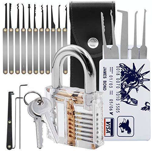 Kit de selección de cerraduras con candado de entrenamiento transparente y tarjeta de crédito, herramientas de selección de cerraduras de práctica premium, kit de entrenamiento de ganzúas de cerradura