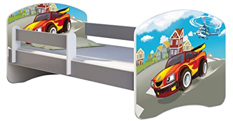 ACMA Kinderbett Jugendbett mit Einer Schublade und Matratze Grau mit Rausfallschutz Lattenrost II (03 Racing Car, 160x80)