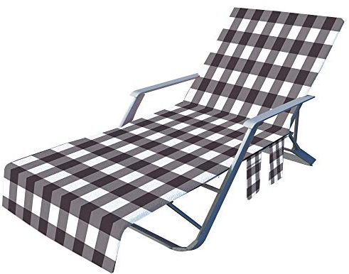 FANSU Schonbezug für Gartenliege Frottee Liegenauflage Garten Sonnenliege Handtuch mit 2 Taschen Stuhl Strandtuch für Schwimmbäder, Strände, Gartenhotels (75x210cm,Schwarzes Plaid)