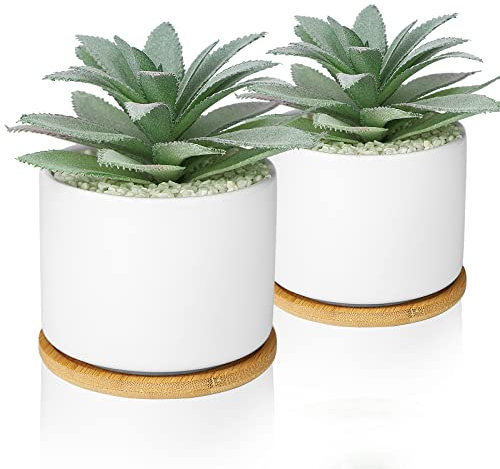 Hopewood Artificial Succulents Plant, Faux Agave Succulent Plant in Ceramic Pots with Bamboo Tray, Fake Potted Plants for Office Desk Living Room Decor(Set of 2)