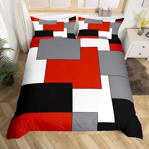 Red Grey White Black Comforter Cover Teens Geometric Square Duvet Cover Single,Youth Stripes Lines Bedspread Cover Soft Kids Boys Girls Modern Abstract Grid Bedding Set With 1 Pillowcase