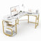 Ulifance L Shaped Corner Office Desk, Reversible Computer Desk with Shelves and Headphone Hook Gaming Desk Laptop Table Workstations for home office White+Gold Frame