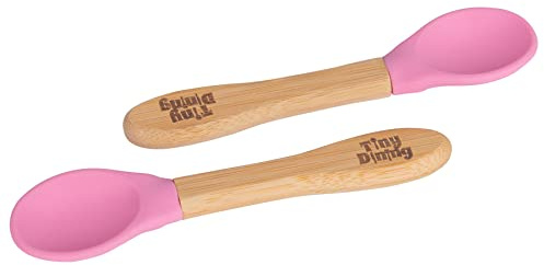 Tiny Dining x2 Children's Bamboo Soft Tip Silicone Spoons - Great for Baby Toddler Weaning - Eco Friendly Kids Dinner Dessert Cereal Spoon - Pink