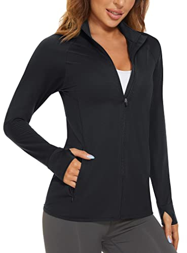 MAGCOMSEN Women's Long Sleeve Shirts UPF 50+ Sun Protection Zip Sweatshirts Hiking Running Athletic Shirts Rash Guard Black