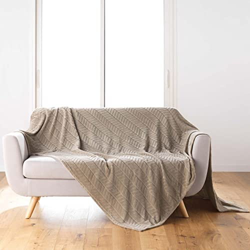 Douceur d'Intérieur, Plaid 180 x 220 cm, Taupe, Flanell, Relief, Uni, Arya