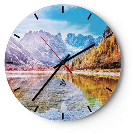 Modern Wanduhr Herbst Landschaft Berge 30x30cm Rund Klein Wand Uhr Glas Analog Zimmeruhren Küche Büro Wohnzimmer Glasuhr Wall Clock Dekoration Design Wanddekoration Küchenuhr C3AR30x30-4624