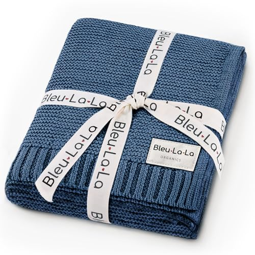 Bleu La La Bio Empfangs Puckdecke - 100% luxuriöse Bio-Weichbaumwollstrick warme gemütliche Kuscheldecke für Kinderwagen und Wiege geeignet für Neugeborene Säuglinge und Kleinkinder. (Kobaltblau)