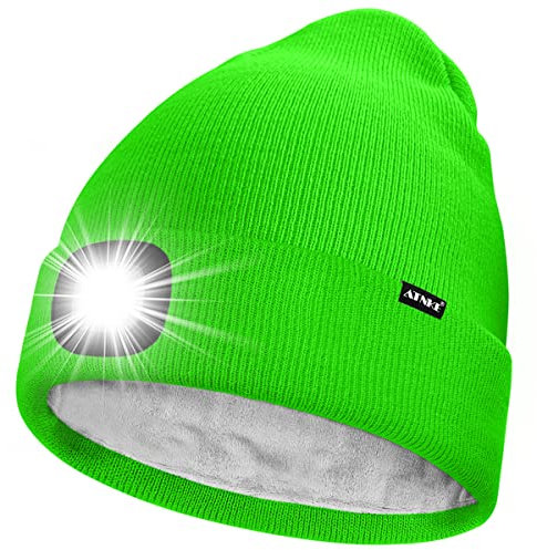 ATNKE LED Mütze mit Licht,Wiederaufladbare USB 4 LED Beleuchtete Laufmütze Extrem Heller Lampe Winter Warme Gefüttertes Fleece Stricken Mütze für Herren und Damen Geschenke/Fluorescent Green
