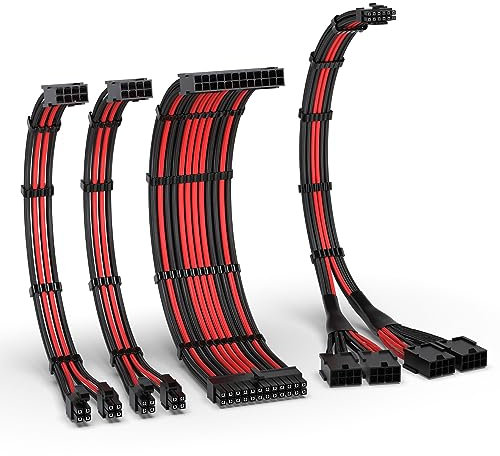 EZDIY-FAB Kit di Cavi con Manicotto PCIE 5.0 12VHPWR,Prolunga del Cavo di Alimentazione 16AWG,Cavo di Estensione da 24 PIN-ATX/(4+4) PIN-EPS/(12+4) PIN a 4X 8 PIN PCIE- RTX4090/4080/4070Ti-Nero Rosso