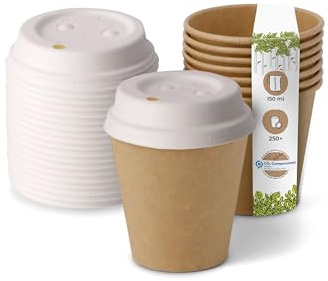 BIOZOYG 250 Stück Kompostierbare Bio Einweg Becher inkl. Pappdeckel I Einmalbecher Getränkebecher Wegwerfbecher Papierbecher I Coffee to go Pappbecher braun ungebleicht 150 ml 6 oz