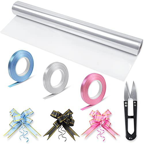 HTHL Clear Cellophane Wrap for Hampers,Cellophane Gift Wrapping Roll with 30 Pull Bows,3 Ribbon Rolls, and Scissors for Florist Bouquet Easter Valentine & Birthday Basket Gifts Boxes (30M x 40CM)