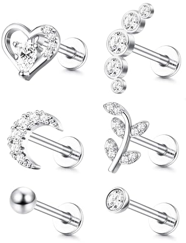 Diamday 6Pcs Knorpel Ohrringe Stud Internally Threaded CZ Mond Herz Blatt Helix Tragus Conch Labret Monroe Lip Piercing Schmuck