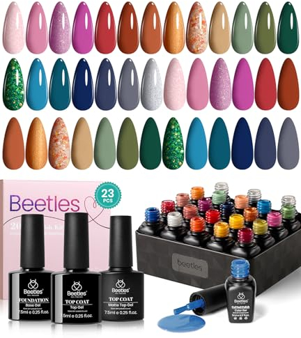Beetles UV Nagellack Rot Grün, 20 Farben Stilvoller Retro Glitzer Braun Lila Blau Rot Gel Nagellack Set Soak-Off UV Nagellack mit Base Top Coat Maniküre Geschenk für Anfänger Nail Art DIY