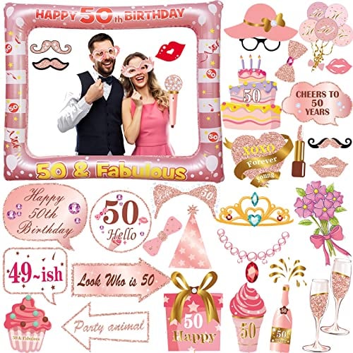30 Stück 50. Geburtstag Deko Fotorequisiten, LMSHOWOWO Rosegold Aufblasbarer Bilderrahmen, 50 Geburtstag Foto Requisiten, Party Foto Booth Props, Geburtstag Fotobox Accessoires für Geburtstage Zubehör