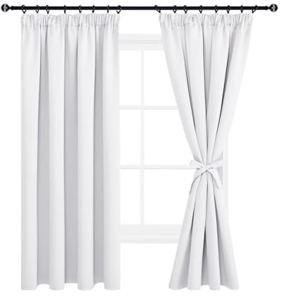 DWCN Schlafzimmer Gardinen Für Schienensystem 2er Set H183 x B117 cm, Verdunklungsvorhänge mit Vorhang-Krawatten, Kräuselband Gardinen Kurz Abdunkelnde Vorhänge Dunkel Für Kinderzimmer, Grau Weiß