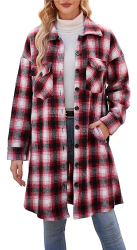 VOGMATE Damen Plaid Shirt Shacket Jacke 2024 Casual Button Down Langarm Tartan Langes Revers Wollmantel mit Taschen, Rot / Schwarz, Medium