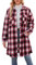 VOGMATE Damen Plaid Shirt Shacket Jacke 2024 Casual Button Down Langarm Tartan Langes Revers Wollmantel mit Taschen, Rot / Schwarz, Medium