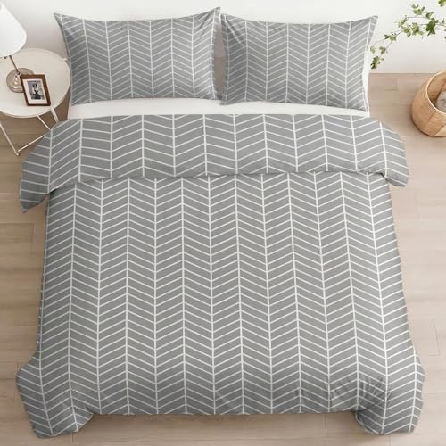 XCQHZYQ Bettwäsche-Sets 200x200 cm Graue Geometrisch Muster, Gestreift Wendebettwäsche Set Weiche Allergiker 3 Teilig Bettbezug mit Reißverschluss, für Teenager Erwachsene