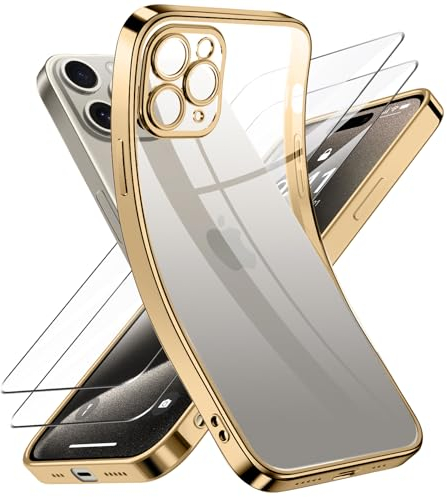 Qasyfanc Kameraschutzhülle Kompatibel für iPhone 15 Pro Hülle mit 2 Stück Schutzfolie, iPhone 15 Pro Case Vergilbungsfrei Dünne Weiche Silikon Handyhülle für Frauen Mädchen, Gold