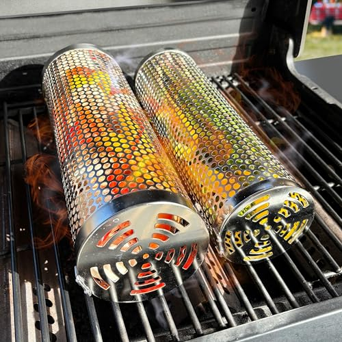 BigStep Großer robuster Roll-Grillkorb für Outdoor-Grill, 2 Stück mit sicherem Schnappverschluss, Grillgeschenke für Männer, Grillzubehör, Grillzubehör, Grillkorb, Rollkorb