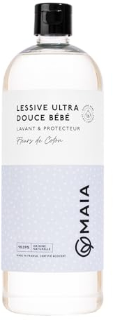MAIA - Lessive Bio Bébé & Peaux Sensibles Fleurs de Coton 1L - 33 lavages - Lavage Bébé - Ingrédients Naturels - Parfum Sans Allergène - Efficacité Prouvée - Formule Éco-Responsable