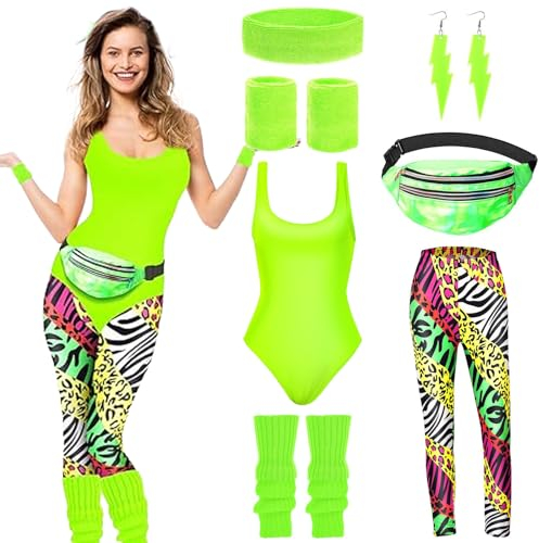 80er Jahre Outfit Damen,Damen 80er Jahre Workout Kostüm,80er Jahre Accessoires,mit Bauchtasche,Stirnband, Beinwärmer,90er Jahre Outfit Damen,für Karneval und Halloween Partie,Mottoparty,Fasching