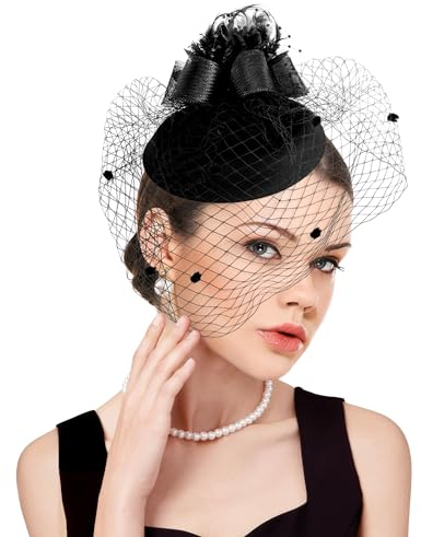 dressfan Fascinator Hut Damen Hochzeit Schleier Hut Vintage Stirnband Gatsby Haarreif 20er 50er Pillbox Hut Kopfschmuck Haarschmuck für Hochzeit/Cocktail/Gatsby/Teeparty/Karneval,Schwarz