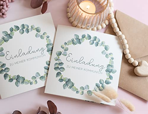 Dein Gastgeschenk - Einladungskarte Eukalyptus - zur Konfirmation, Kommunion für Mädchen oder Junge - quadratische Klappkarten inkl. Umschlag (15 Stück)