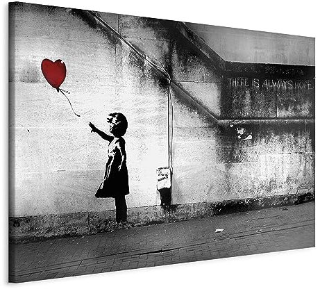 B&D XXL - Handart Banksy Kunstdruck auf Leinwand 90x60 cm 1 tlg Kunstbilder wie Handgemalte Wandbilder XXL mit Acrylgel beschichtet Wand Bilder mit Struktur Mädchen mit Luftballon i-C-0113-b-a