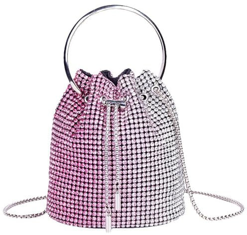 Bling Borsa da sera Strass Coulisse Borsa a secchiello a tracolla Diamond Clutch Purse Party Wedding Shopping Rosa acceso