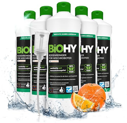 BiOHY Bodenreiniger für alle Wischroboter mit Orangenduft (6 x 1 Liter) + Dosierer | Schaumarm & Streifenfrei | Reinigungsmittel Konzentrat für alle Böden
