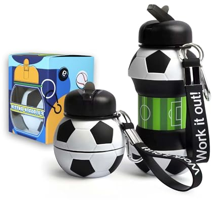 Collapsible Football Silicone Water Bottle with Keyring, Lightweight Sport Foldable Bottle