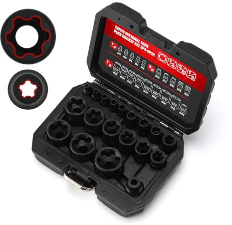 CASOMAN Lot de 19 douilles Torx Plus à 6 pans EP4-EP32 avec douille EP 1/2, 3/8 et 1/4, douille EP 5 points 1/2 Dr. EP8.8 compatible avec Tesla, acier Cr-V