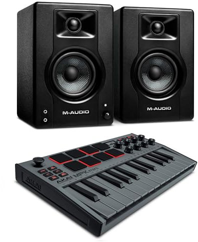 Recording Studio Package - Akai Professional MPK Mini MK3 USB MIDI Keyboard Controller and M-Audio BX3 3.5 120W Speakers, with Production Software, grey