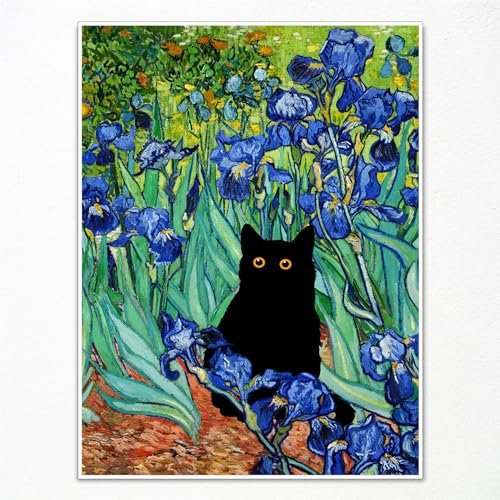 GAINOW Van Gogh Irises Leinwand-Wandkunst, Berühmte Ölgemälde Gartenblume schwarze Katze Poster, bunt ästhetische Raumwanddekoration für Badezimmer 30x40cm ungerahmt