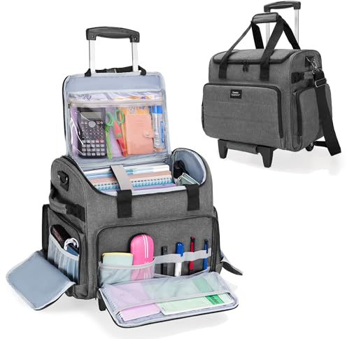 CURMIO Lehrertasche mit Rollen, Rolling Lehrer Arbeitstasche mit Erweiterbarer Aktenordner Fach, Ideal für Lehrerbedarf, Handwerk oder Geschäftsreisen, Grau (Patentiertes Design)