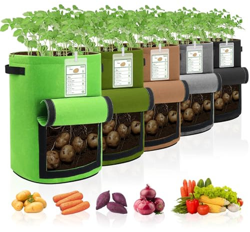 Bunte Kartoffel-Pflanzbeutel mit Klappe und Pflanzenwachstumsaufzeichnungskarte, Stoff-Pflanztöpfe, Wachstumsbeutel für Kartoffeln, Tomaten, Gemüse, 5 Stück