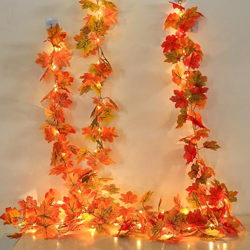 Herbstdeko Lichterkette Ahornblätter Garland,Herbstdekoration 5.6Ft LED Herbst Lichterkette Herbstblätter Girlanden,Herbstgirland Ahornblatter Anhänger Herbst Deko Erntedankfest Außen Innen (Gelb)