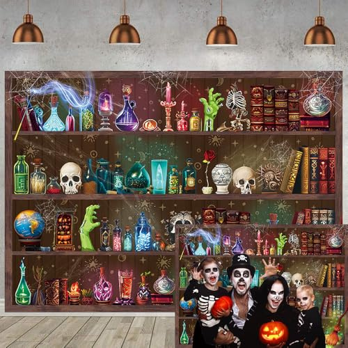 Halloween Magic Potion Shelf Backdrop Bookshelf Spooky Witch Skulls Background Halloween Party Wizard Gothic Themed School Decorations Photo Booth Props (7x5FT)