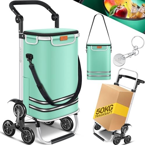 KESSER® Einkaufstrolley Treppensteiger mit Kühlfach klappbar mit 56L Kapazität und belastbar bis 50kg | 3in1 Trolley Sackkarre & Umhängetasche | Faltbarer Einkaufswagen inkl. Einkaufschip, Mintgrün