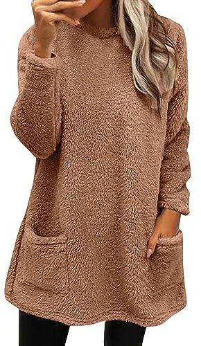 Generisch Pullover Damen Lang Teddy Fleece Flauschig Pulli Weich Winter Warm Sweatshirt Ohne Kapuze Oversize Casual Langarm Fleecepulli Lose Plüsch Pulli Tops Lockeres Oberteile Mit Taschen