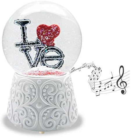Schneekugel Liebe mit Herz | Schriftzug Love auf Sockel weiß Ornamente | Mit Spieluhr | Glas Schüttelkugel | Höhe 14 cm, Breite 10 cm | Geschenk Valentinstag Partnertag | 10012