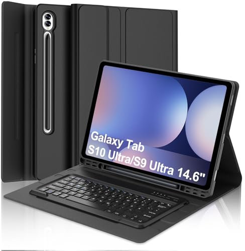 WAVATA Tastatur für Samsung Tab S10 Ultra 2024/S9 Ultra/S8 Ultra 14.6, Hülle mit Tastatur für Galaxy Tab S9 Ultra Keyboard Cover Magnetische Abnehmbar QWERTZ Layout, Schwarz